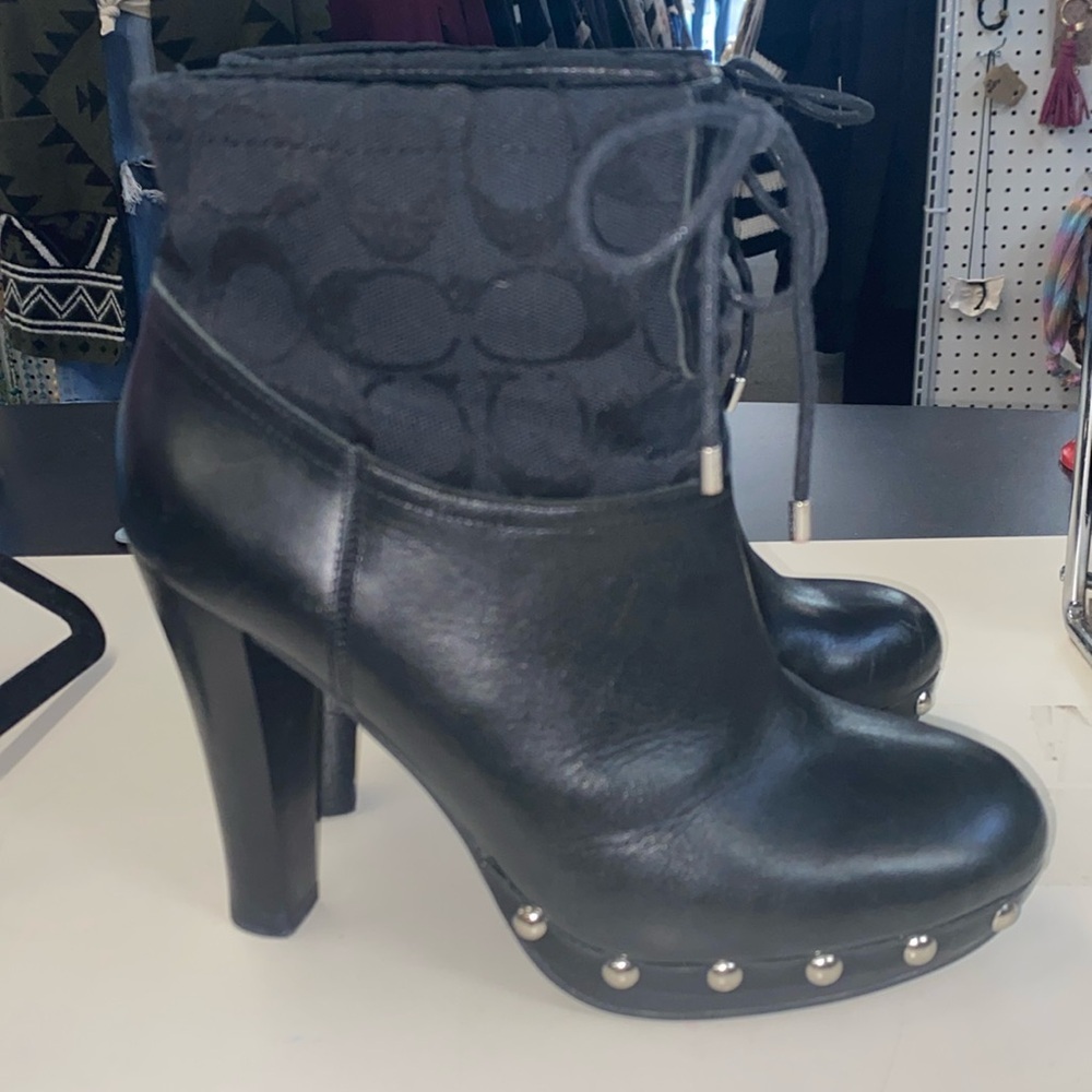 Coach Edna Black Leather Textile Lace Up Stilletto Boots 6.5B